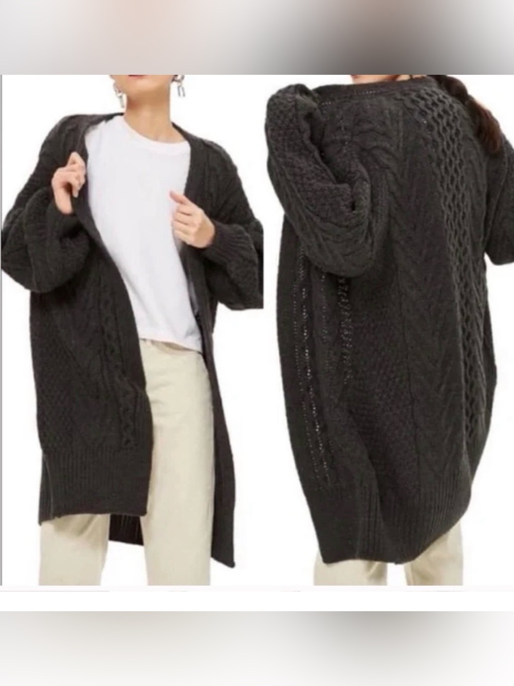 Topshop Dark Charcoal Cable Knit Open-Front Cardigan - NWOT